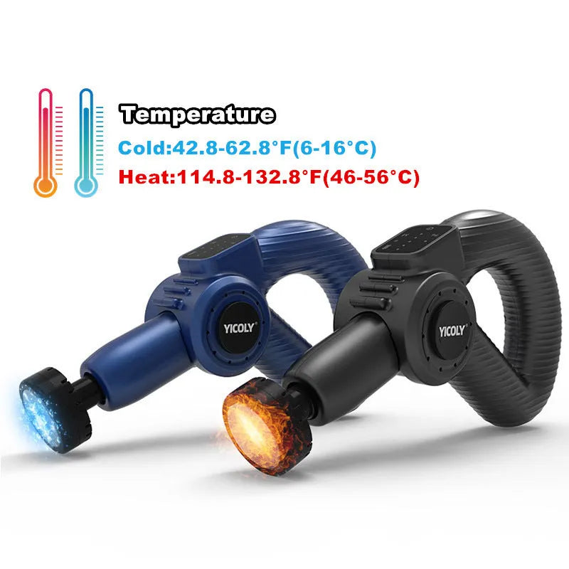 Black smart muscle massage gun with five attached massage heads on a table