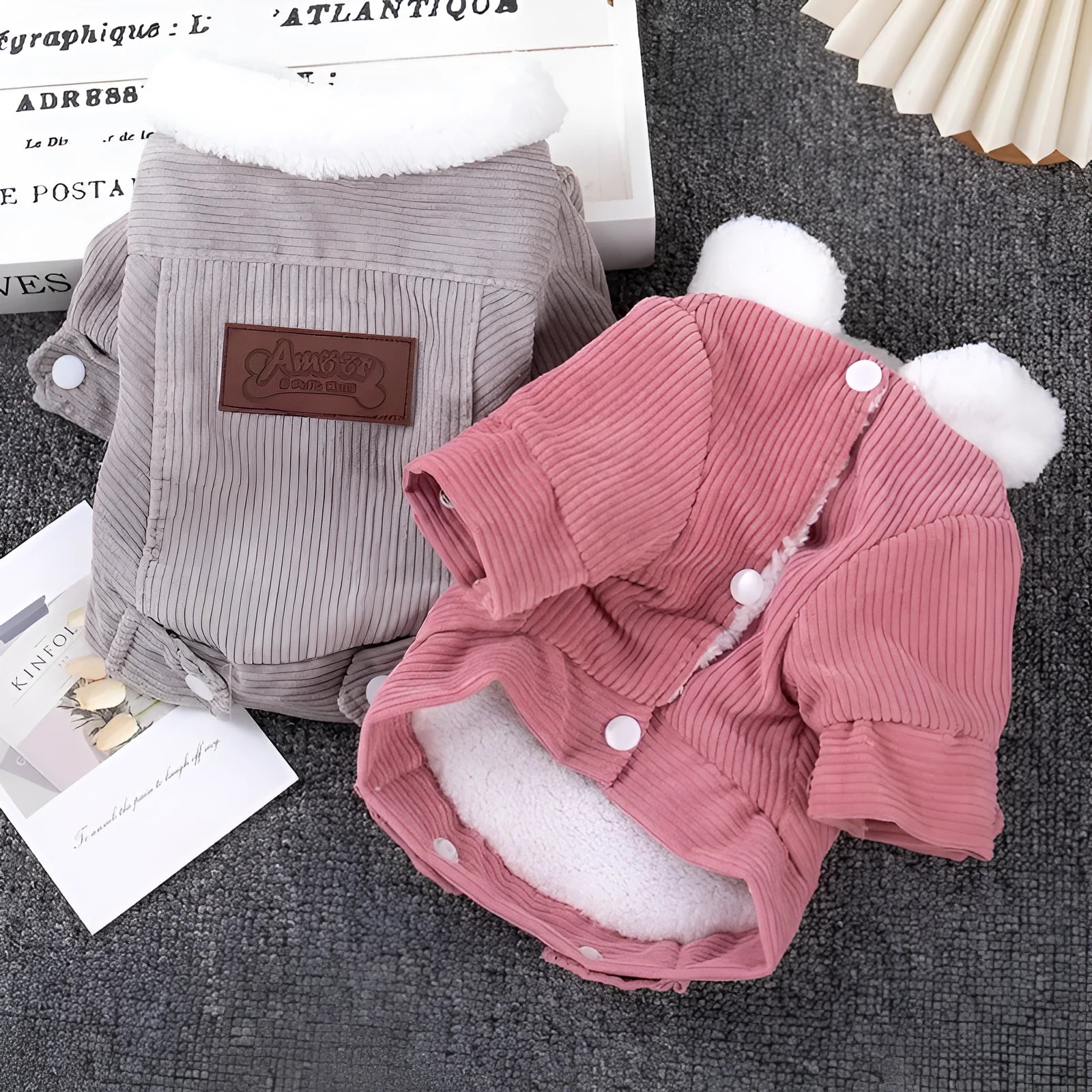 Lambswool fleece-lined padded vest for dogs and cats in grey and pink colours