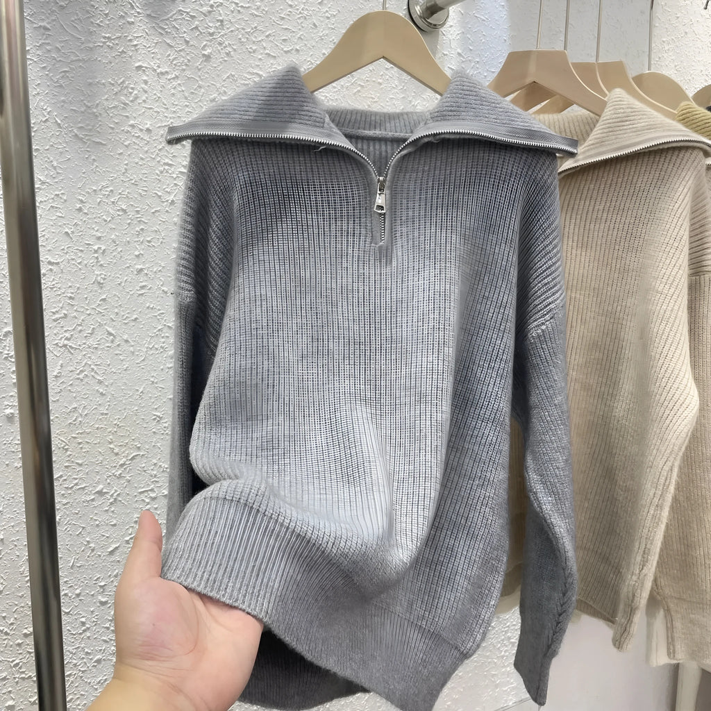 Women's loose fit polo collar viscose pullover sweater in solid colour with stitching detail