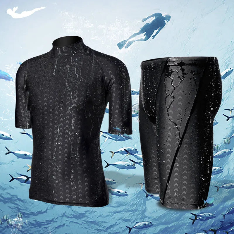 Men's black leopard print short-sleeved swimsuit suit with split quick-drying fabric, front view