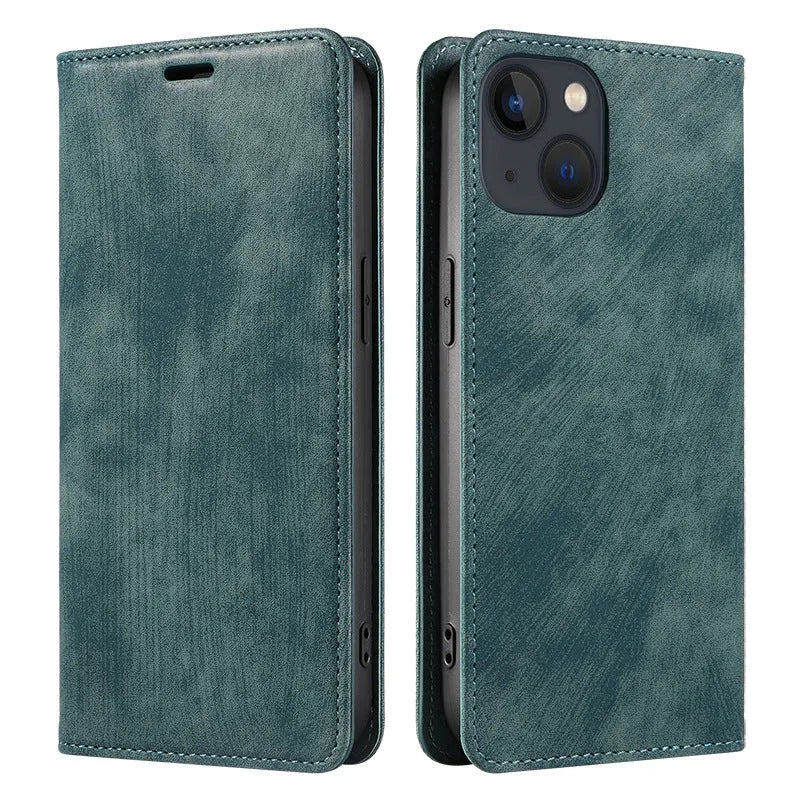Magnetic flip phone case for iPhone in black, showing TPU frame and leather cover.