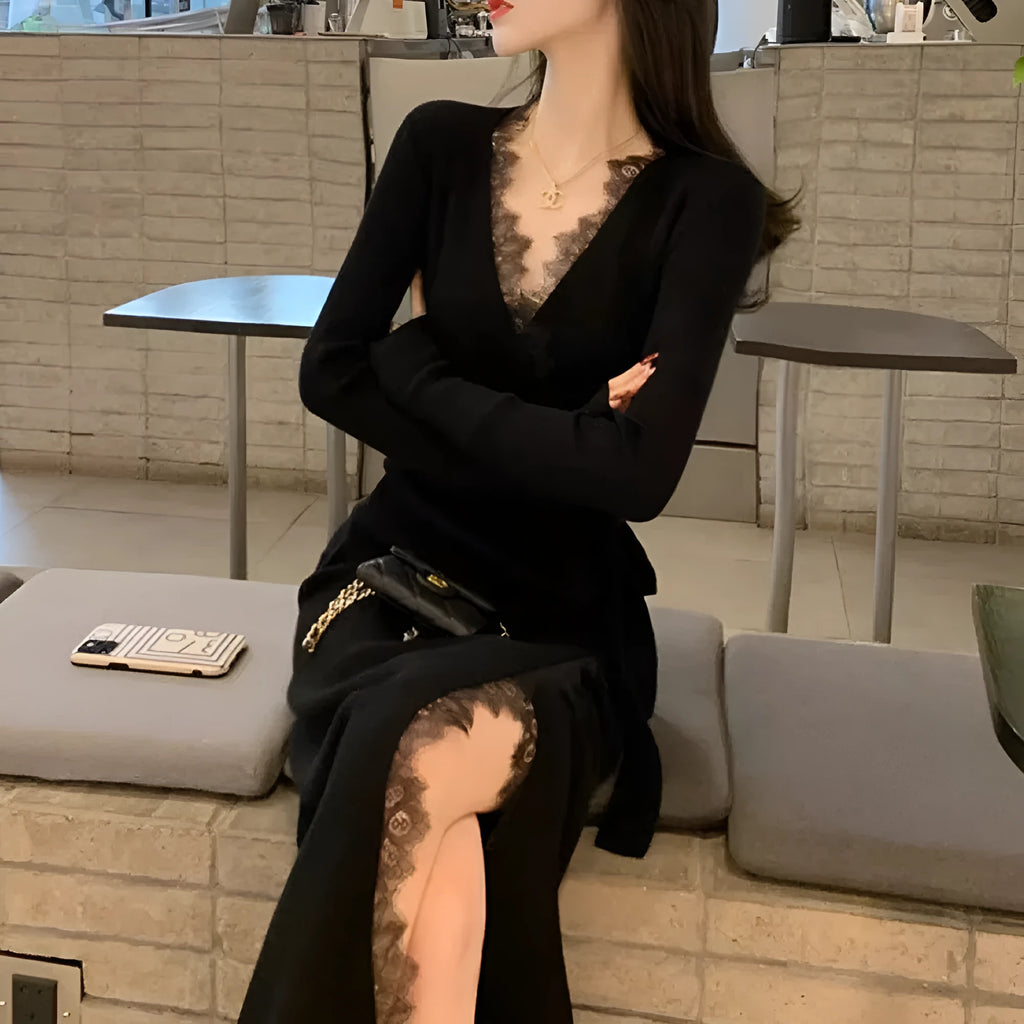 Black slim fit woolen skirt with princess dress silhouette, polyester fabric, free size women's fashion garment