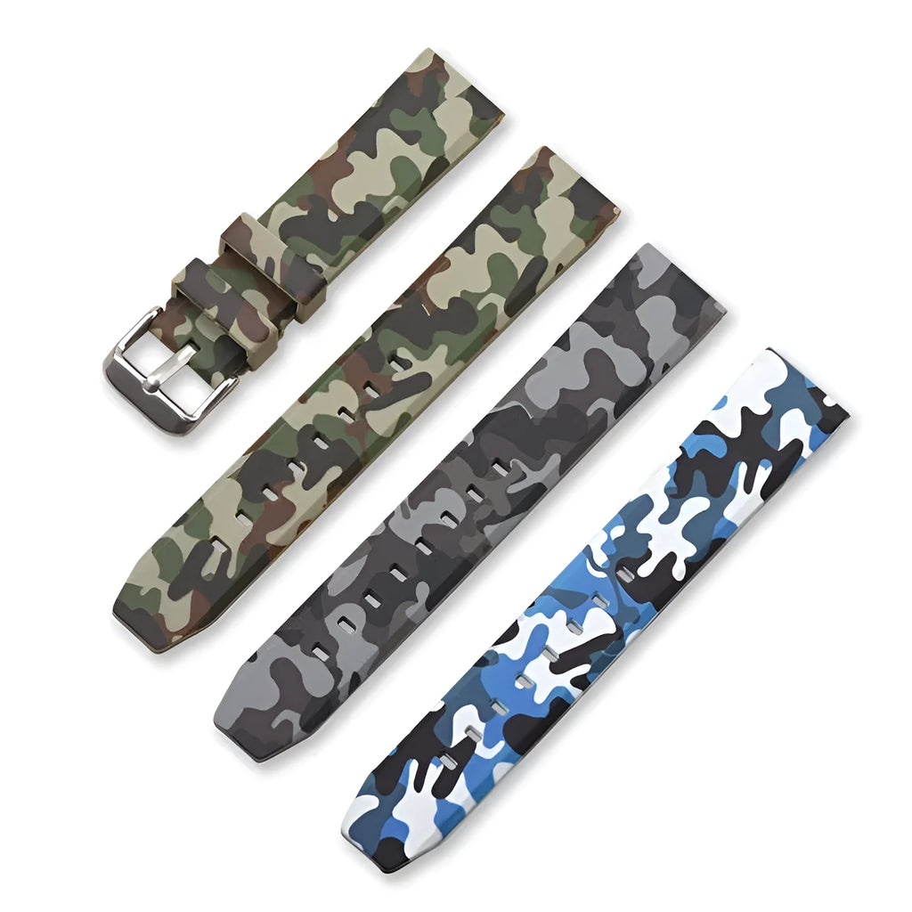 Green camouflage silicone watch strap with flat head lugs in 20mm width