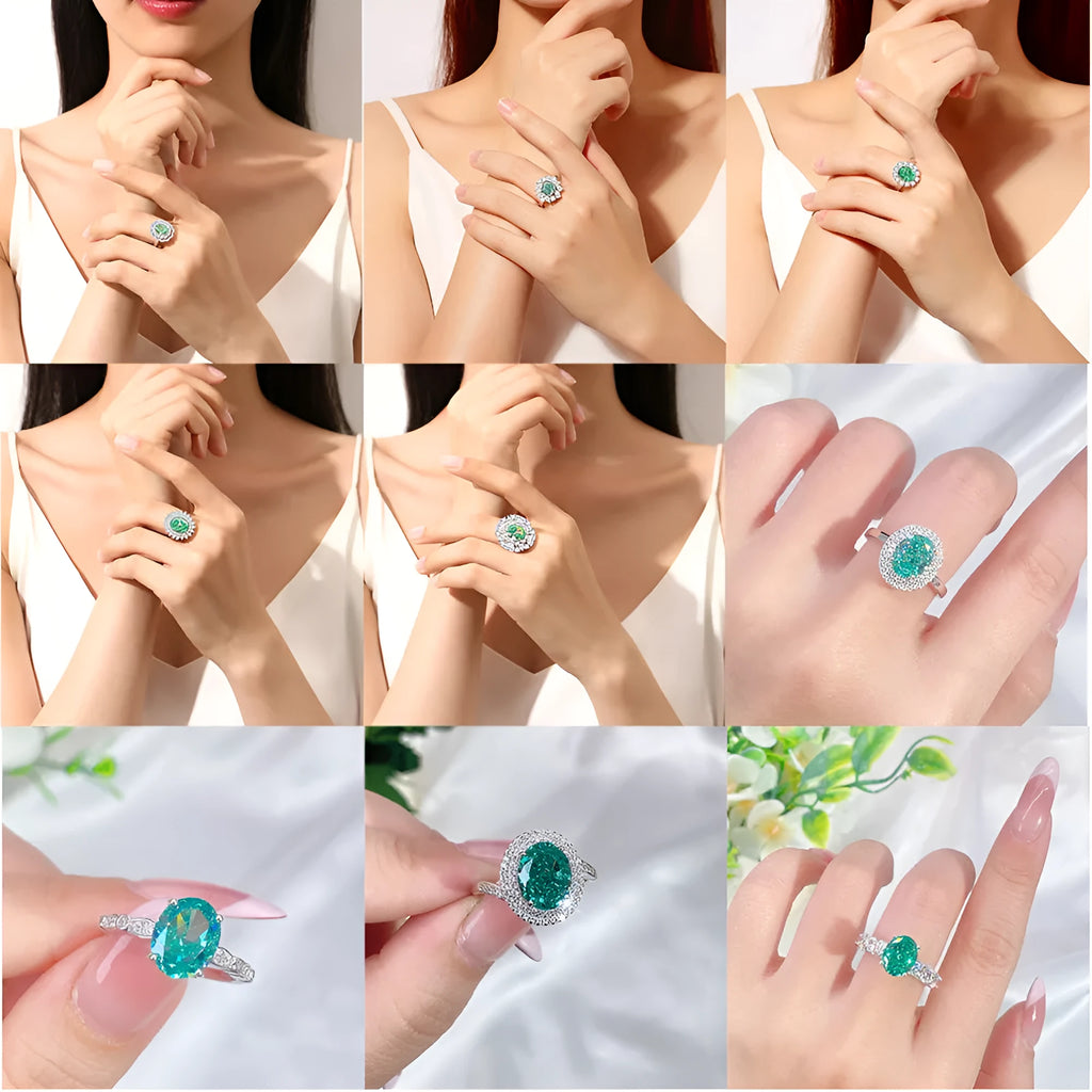 S925 sterling silver geometric ring with ellipse detail, inlaid emerald, and high carbon diamond in a Palaibahao colour.
