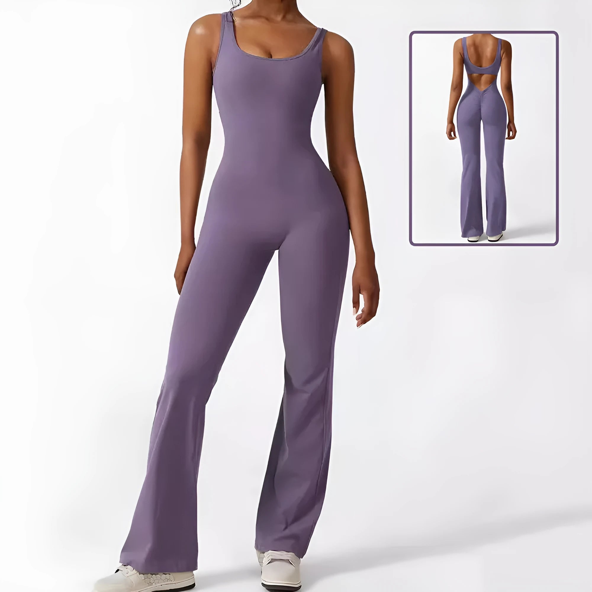 Women's sleeveless flare leg jumpsuit for yoga in high-elasticity polyester fabric.