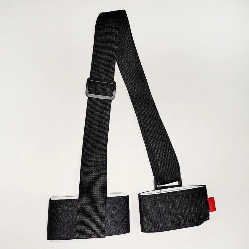 Adjustable hook and loop skiing bandage with shoulder strap in black, blue, pink, and red options.