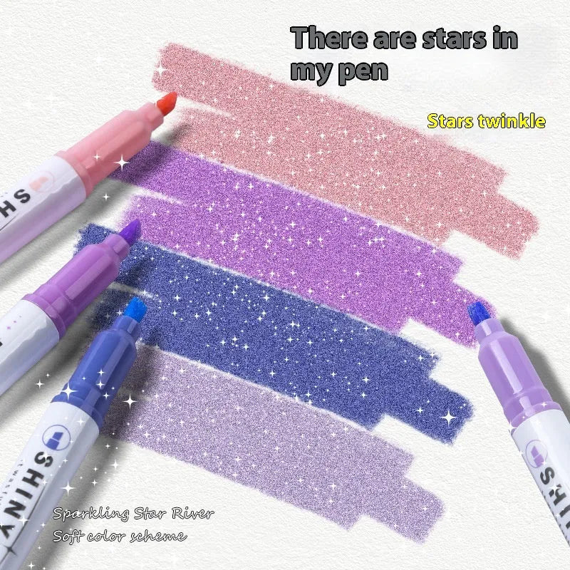 Four glitter fluorescent highlighter pens with slanted tips in pastel colours including taro puff and mung bean smoothie