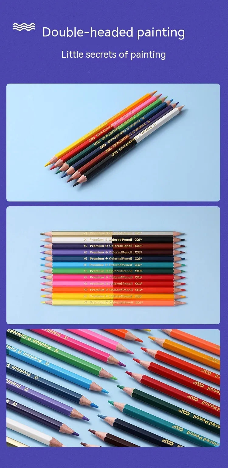 Wooden colour pencil set with double-headed brushes in organised colour selection