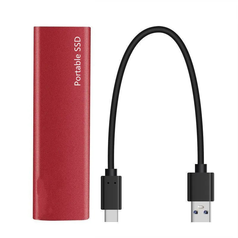 Ultra-thin metal external solid-state drive with red interface, shown alongside capacity options.