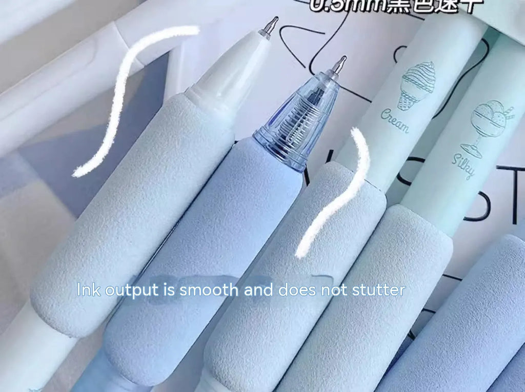 Four double-headed fluorescent pens with 0.5mm tips for calligraphy, showing Cheese Mint and Sea Salt Ice Cup colours.