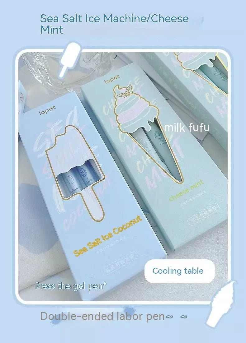 Four double-headed fluorescent pens with 0.5mm tips for calligraphy, showing Cheese Mint and Sea Salt Ice Cup colours.