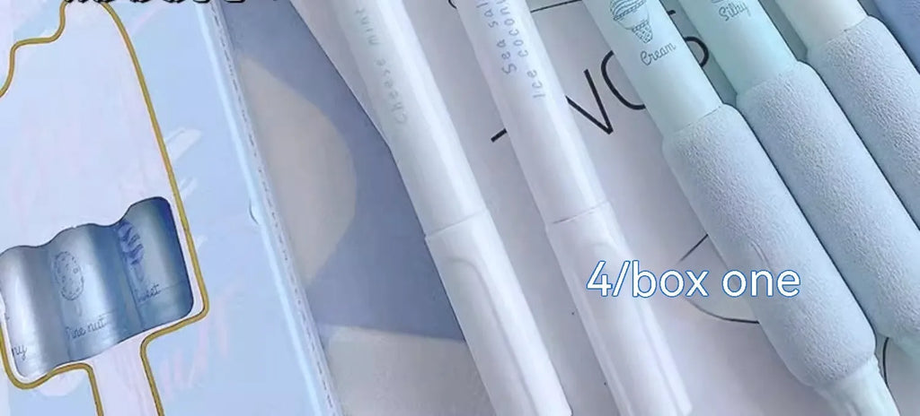 Four double-headed fluorescent pens with 0.5mm tips for calligraphy, showing Cheese Mint and Sea Salt Ice Cup colours.