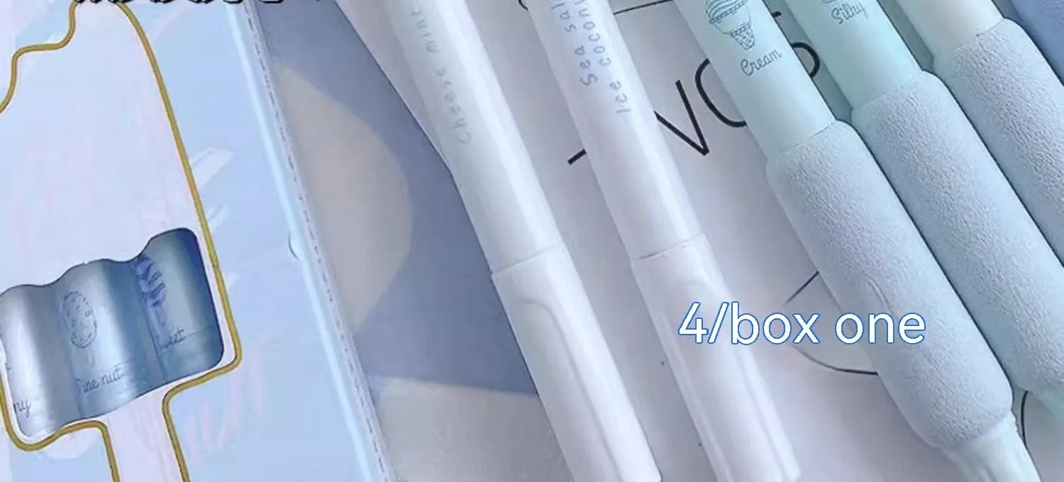Four double-headed fluorescent pens with 0.5mm tips for calligraphy, showing Cheese Mint and Sea Salt Ice Cup colours.