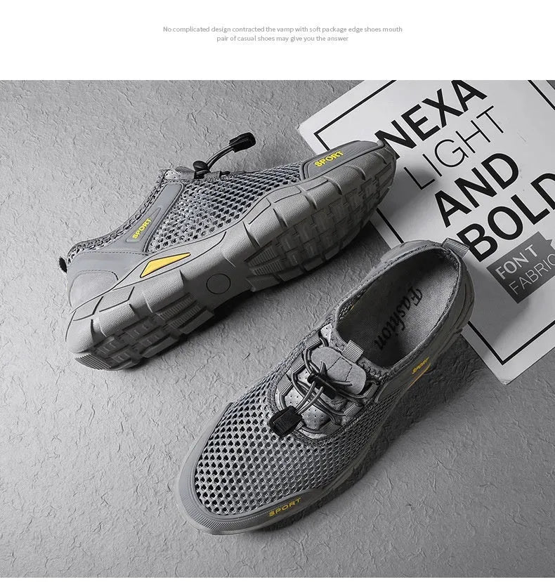 Men's leather mesh breathable outdoor casual sandals in black with flat heel and round toe