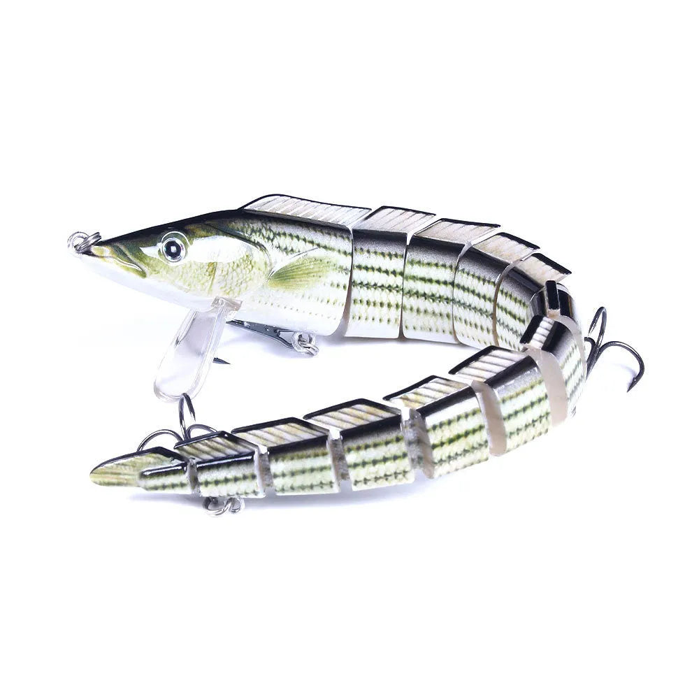 Multi-section simulated loach fishing lure showing articulated soft plastic construction and integrated hook