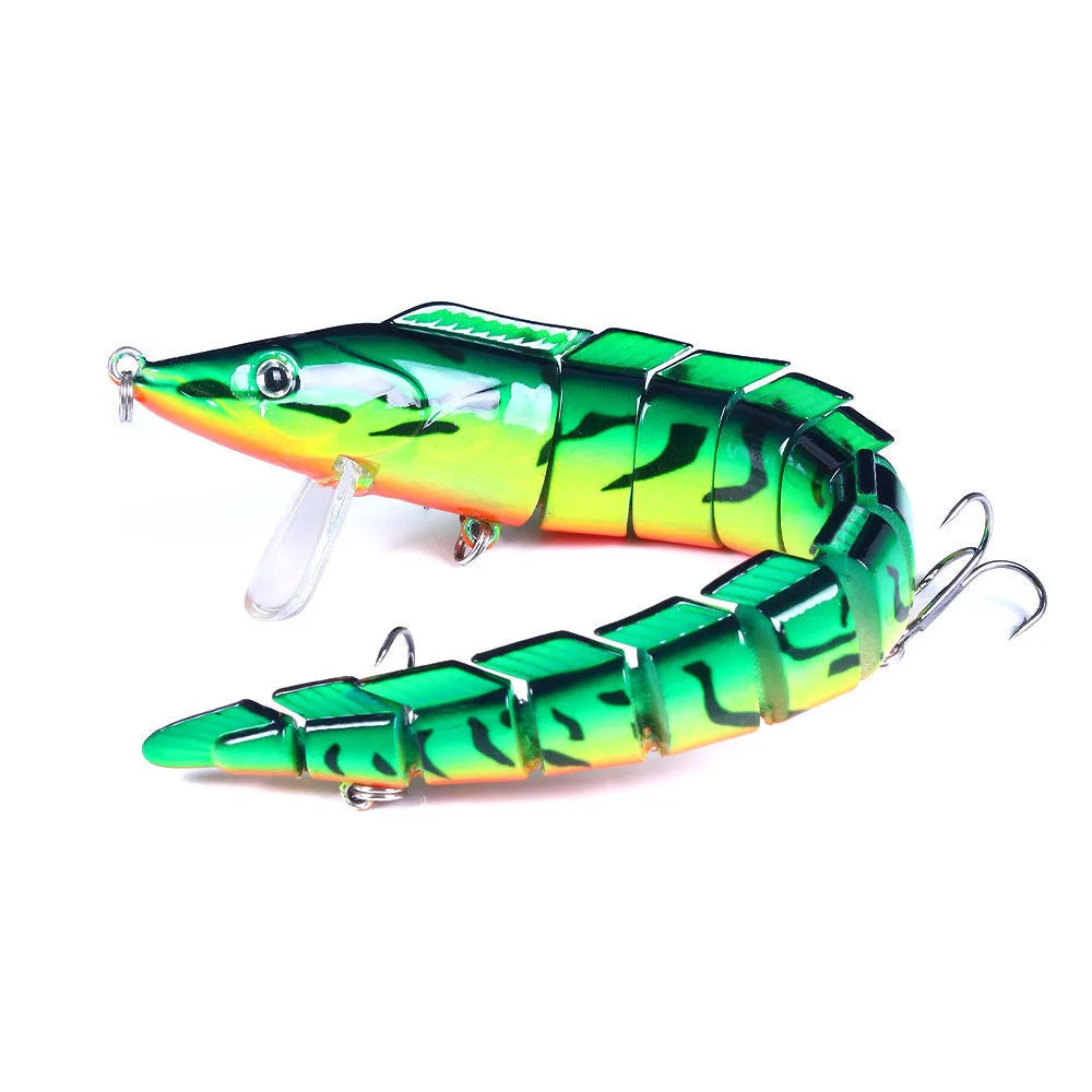 Multi-section simulated loach fishing lure showing articulated soft plastic construction and integrated hook