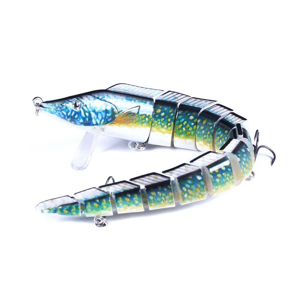 Multi-section simulated loach fishing lure showing articulated soft plastic construction and integrated hook