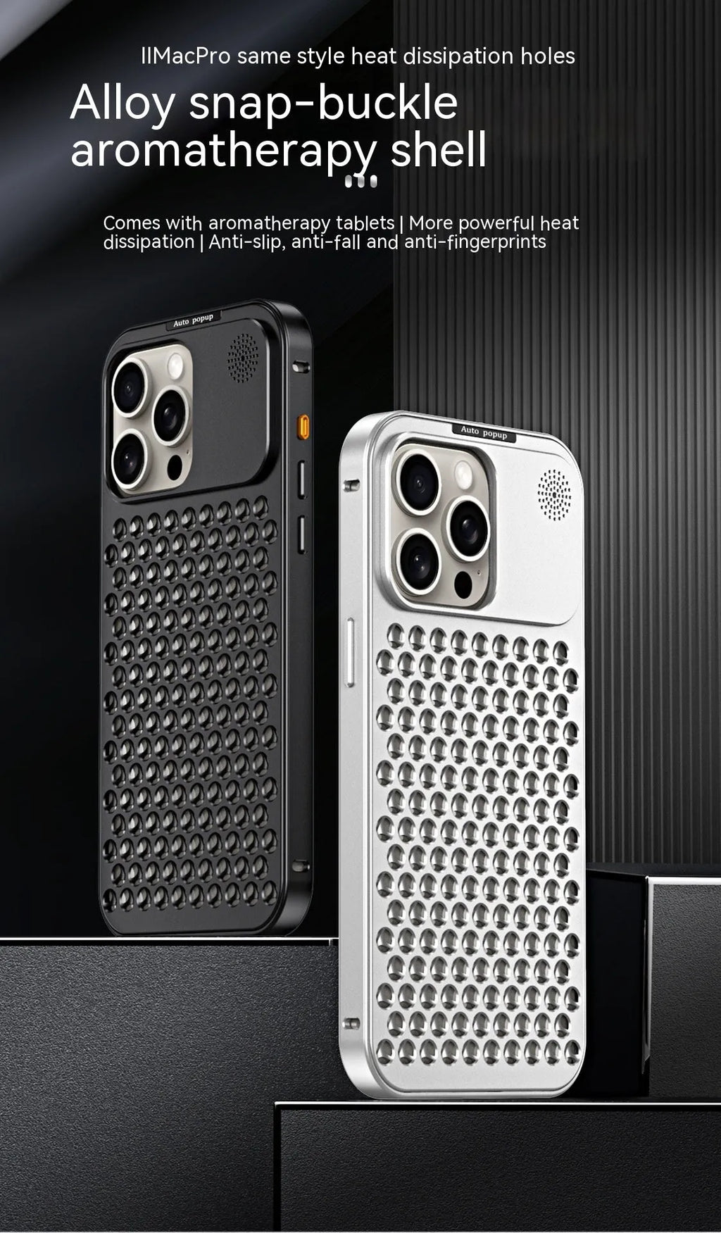 Aluminium alloy spring fastener king aromatherapy phone case for iPhone, frosted finish, magnetic anti-fall, black colour