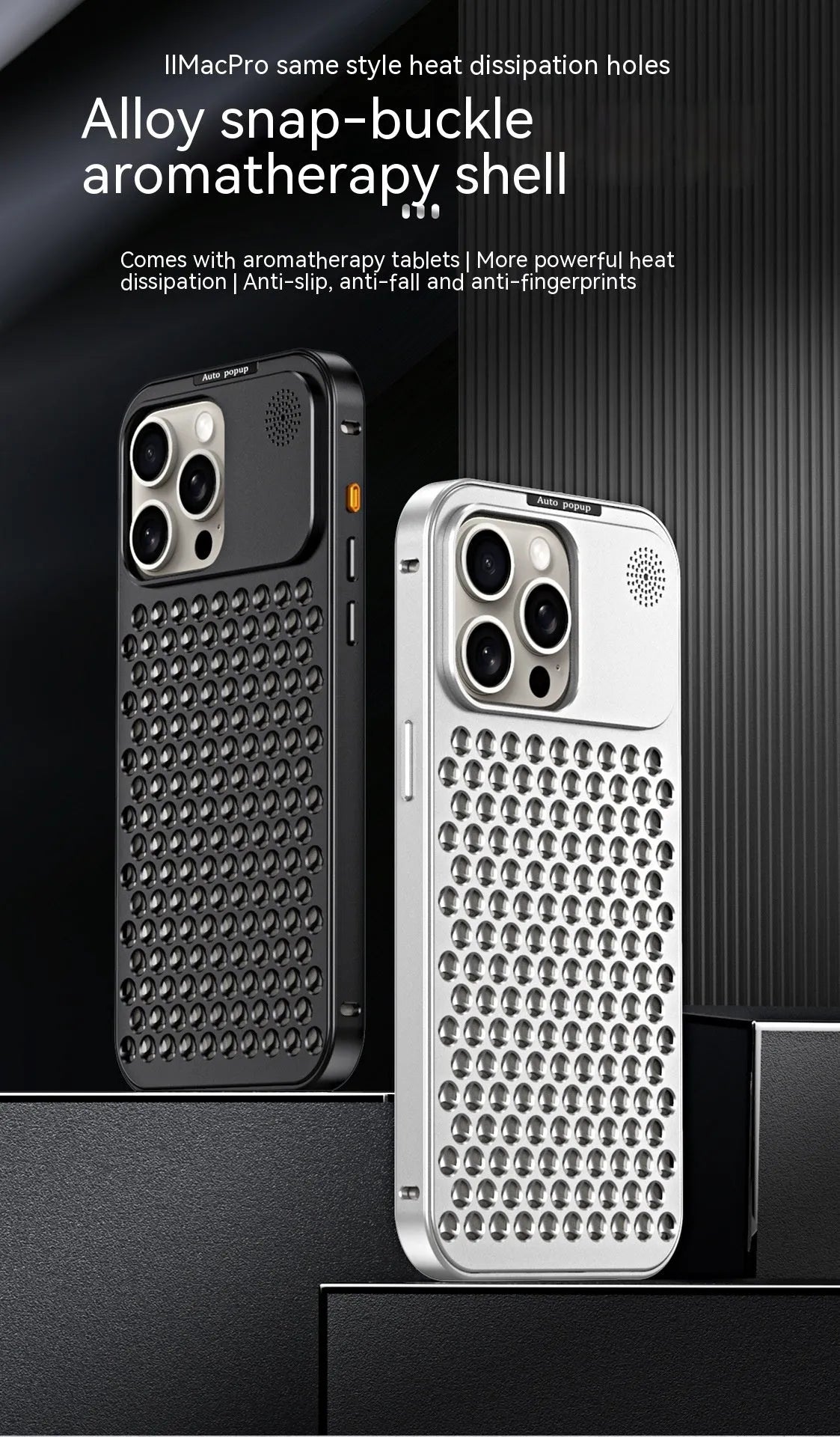 Aluminium alloy spring fastener king aromatherapy phone case for iPhone, frosted finish, magnetic anti-fall, black colour
