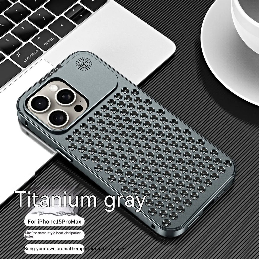 Aluminium alloy spring fastener king aromatherapy phone case for iPhone, frosted finish, magnetic anti-fall, black colour