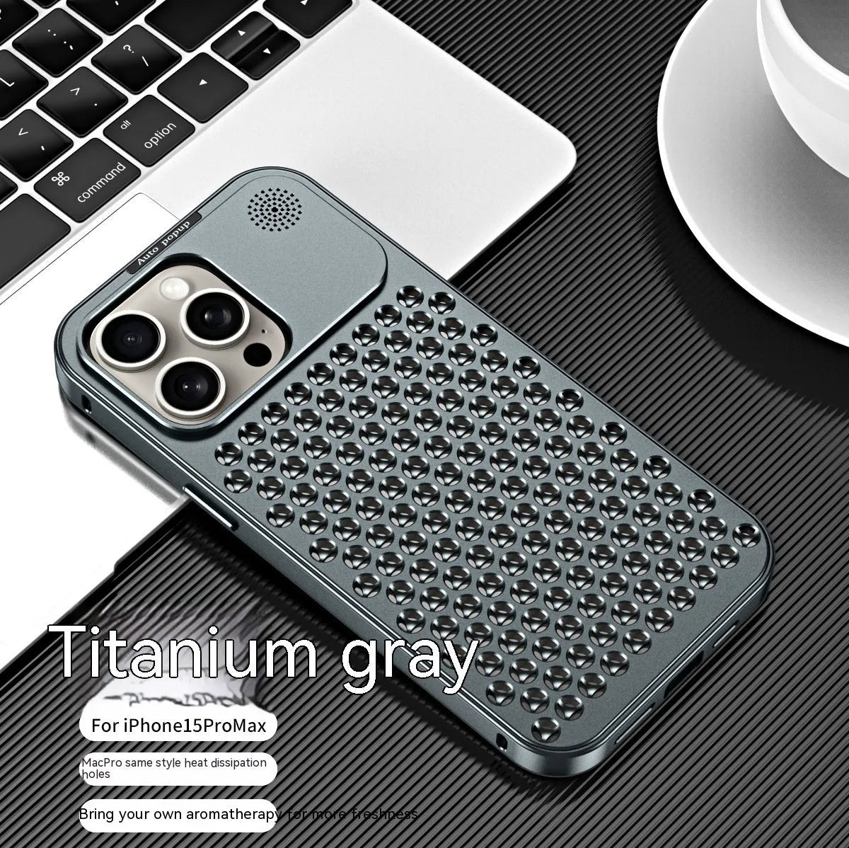 Aluminium alloy spring fastener king aromatherapy phone case for iPhone, frosted finish, magnetic anti-fall, black colour