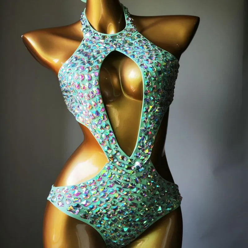 Women's one-piece mesh diamond swimsuit in Army Green colour, made from nylon with polyester lining.