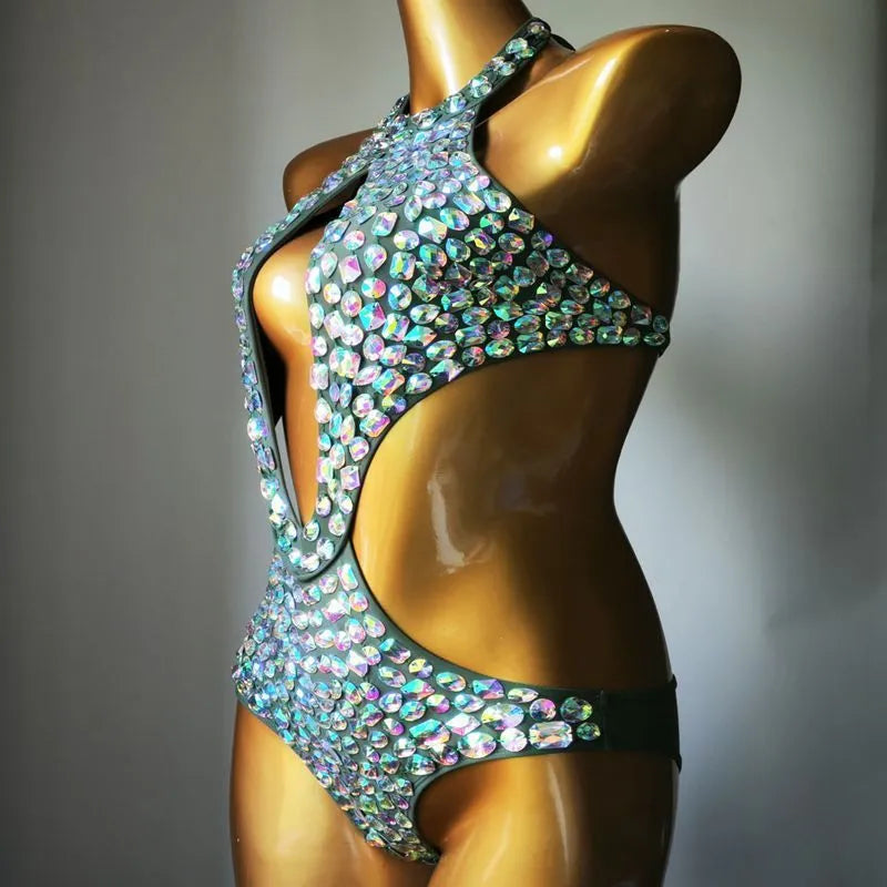 Women's one-piece mesh diamond swimsuit in Army Green colour, made from nylon with polyester lining.