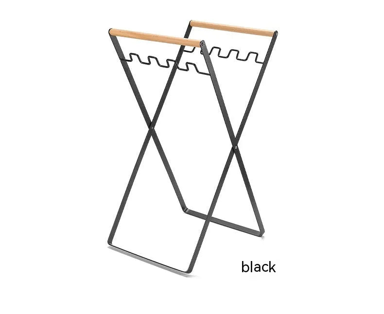 Outdoor iron garbage storage hanger with wooden handle in folded position