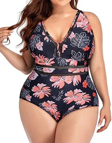 Black printed plus size women's bikini swimsuit with mesh stitching detail.