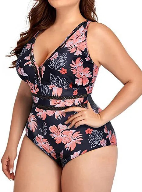 Black printed plus size women's bikini swimsuit with mesh stitching detail.