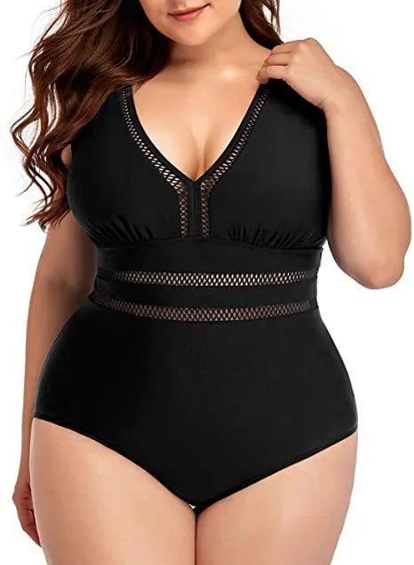 Black printed plus size women's bikini swimsuit with mesh stitching detail.