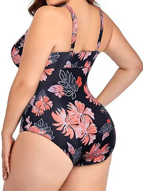 Black printed plus size women's bikini swimsuit with mesh stitching detail.