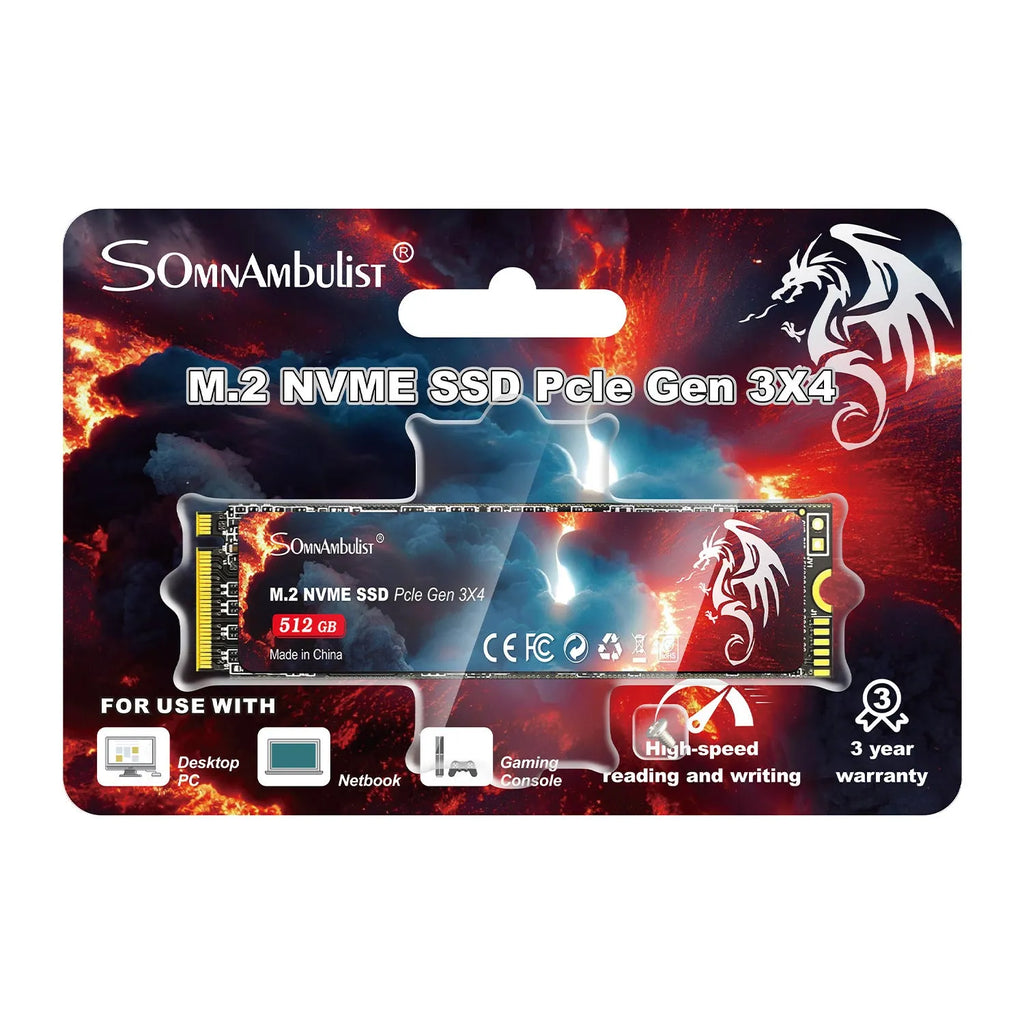 M.2 NVMe Solid State Drive for desktop computers, shown with capacity options from 128GB to 2TB.