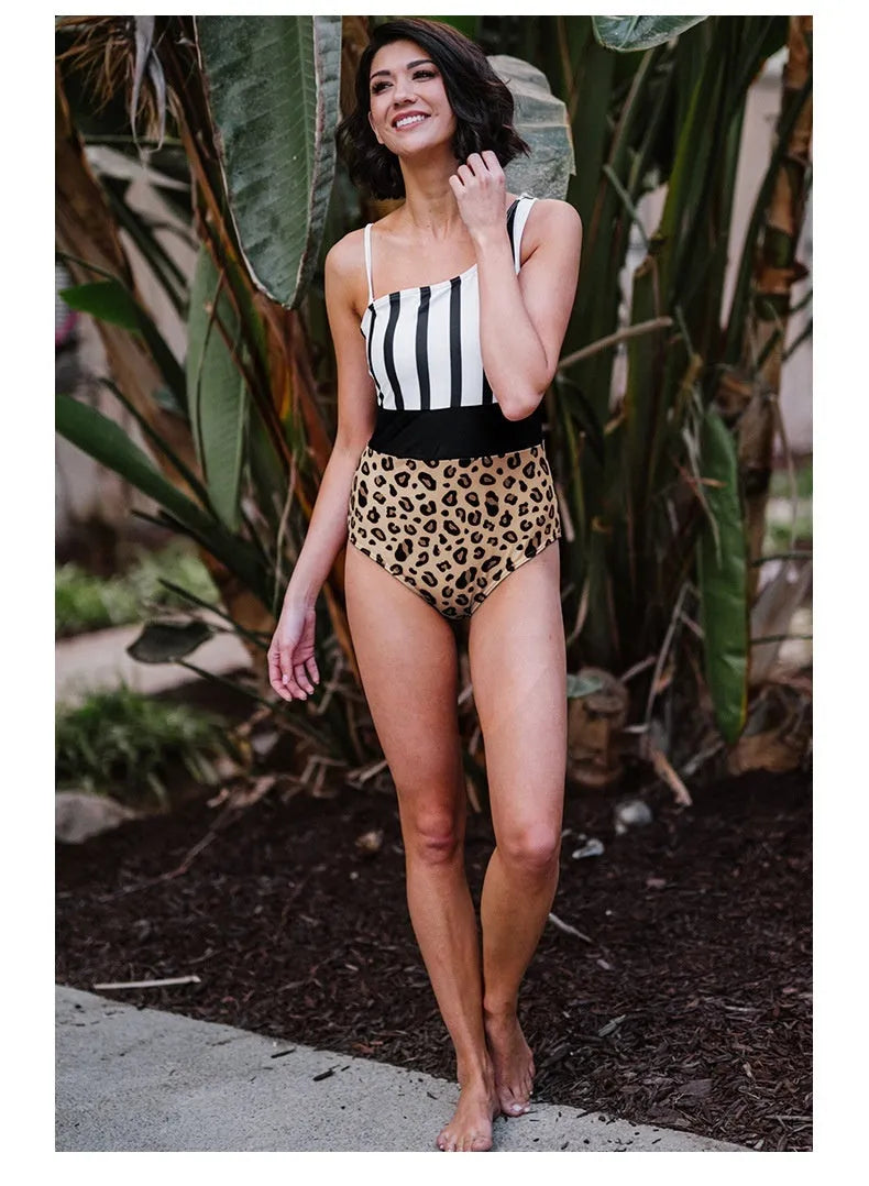 Women's leopard print asymmetric collar one-piece swimsuit with high waist triangle briefs design