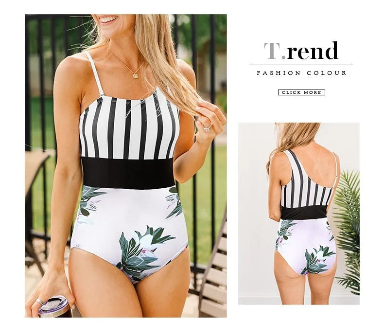 Women's leopard print asymmetric collar one-piece swimsuit with high waist triangle briefs design
