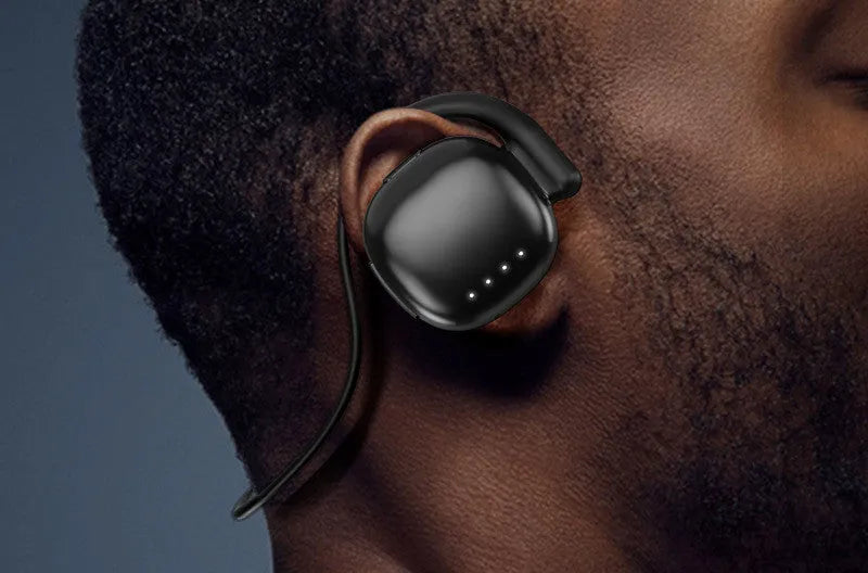 Black bone conduction Bluetooth headset with Type-C charging port, designed for sports use