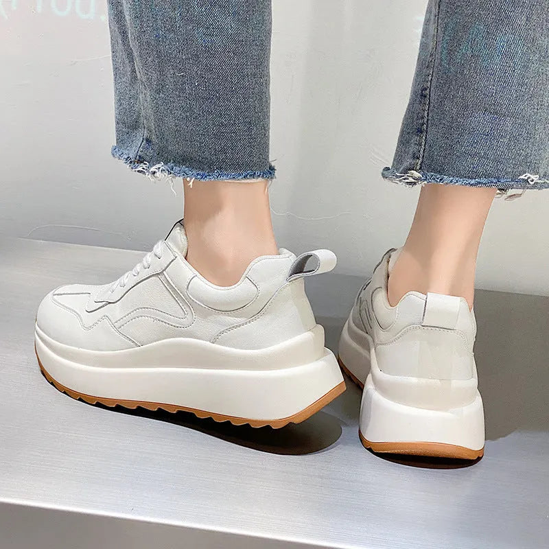 Women's white cowhide leather casual sports shoes with English muffin heel and cross strap front lace-up
