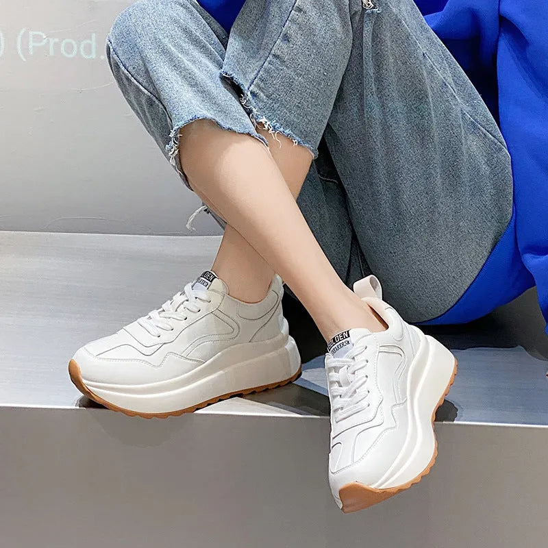 Women's white cowhide leather casual sports shoes with English muffin heel and cross strap front lace-up