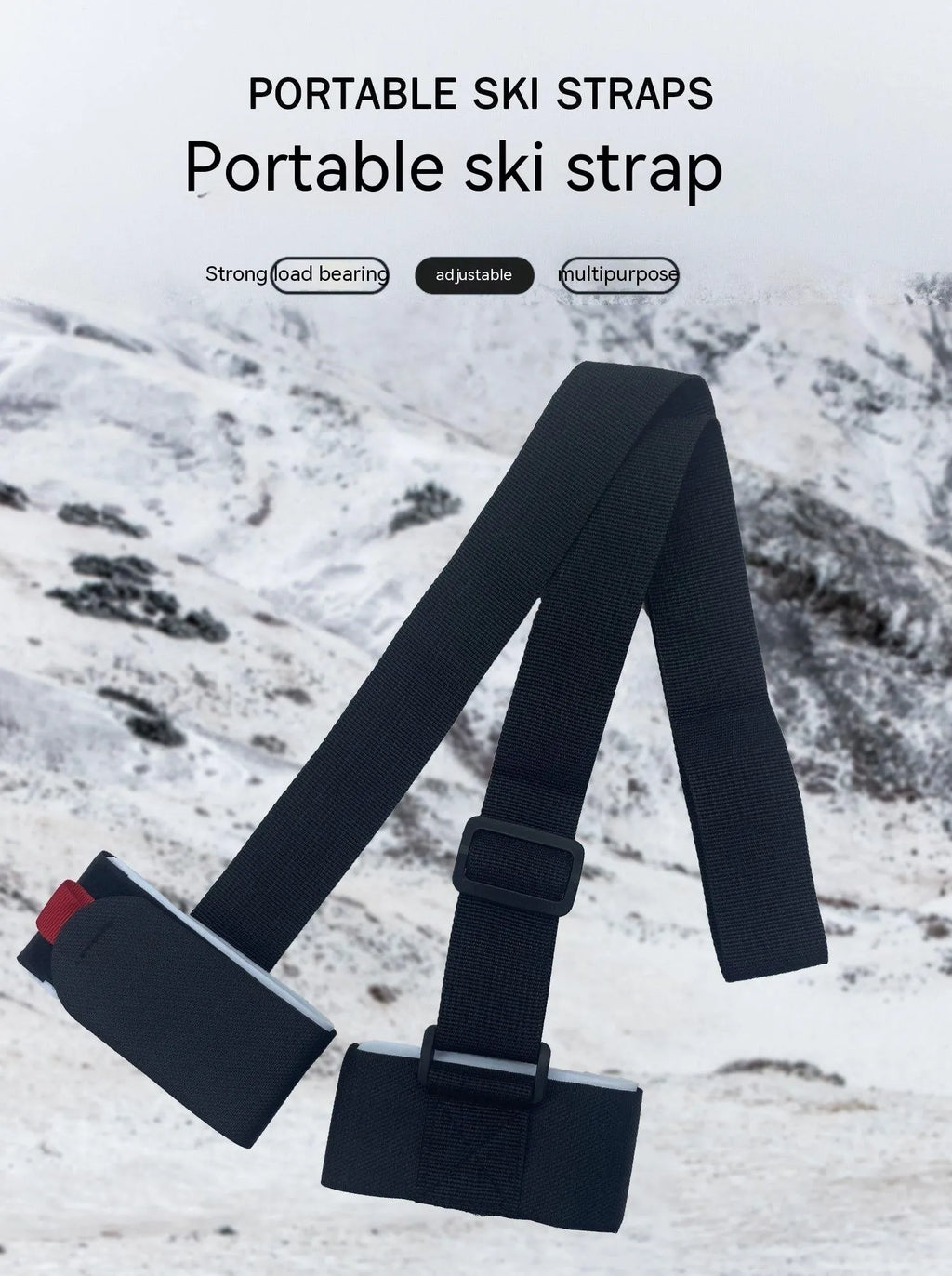Adjustable hook and loop skiing bandage with shoulder strap in black, blue, pink, and red options.