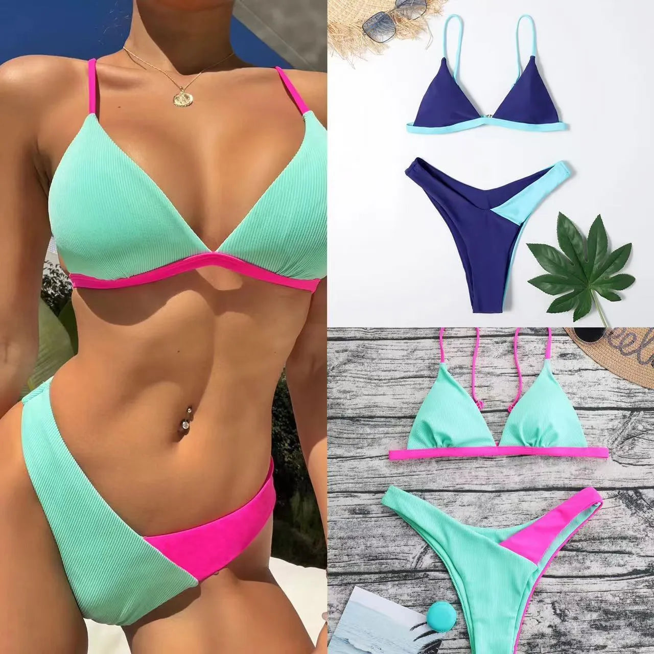 Women's nylon swimsuit set with European style brief design in patterned colours