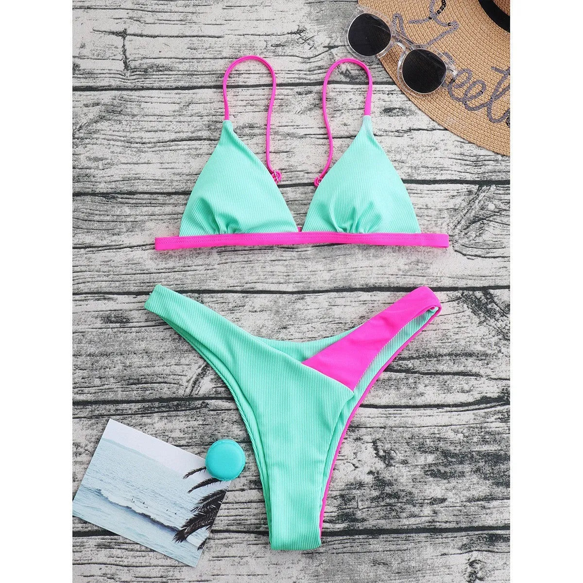 Women's nylon swimsuit set with European style brief design in patterned colours