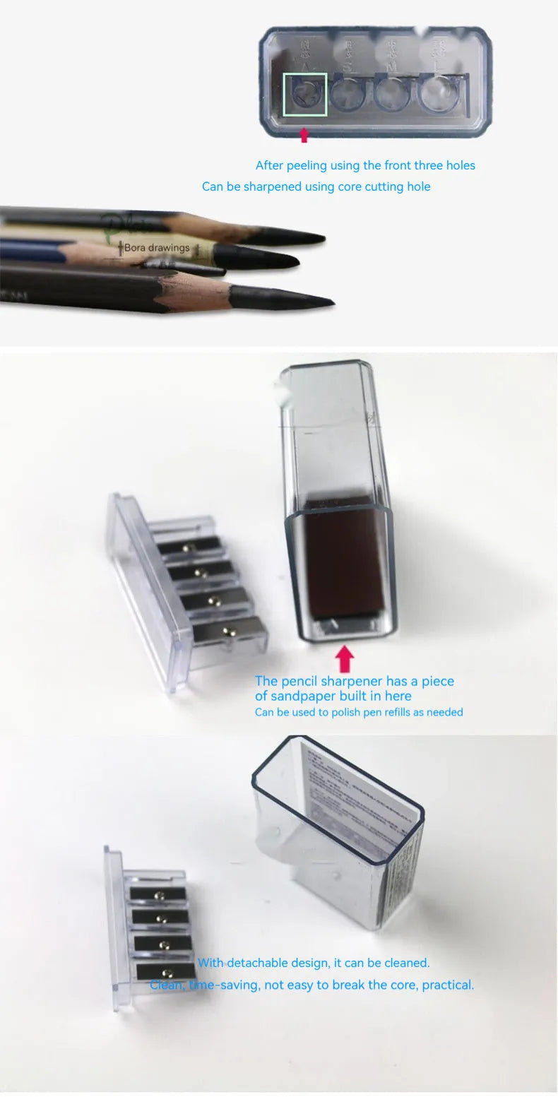 Geometric four-hole pencil sharpener with replaceable blades and screwdriver