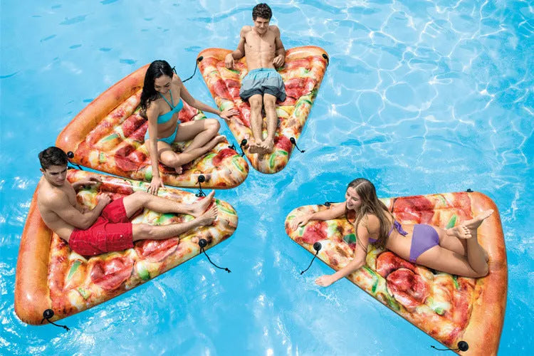 Pizza slice shaped inflatable surfboard recliner floating on water with colourful graphic design