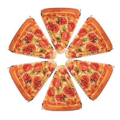 Pizza slice shaped inflatable surfboard recliner floating on water with colourful graphic design