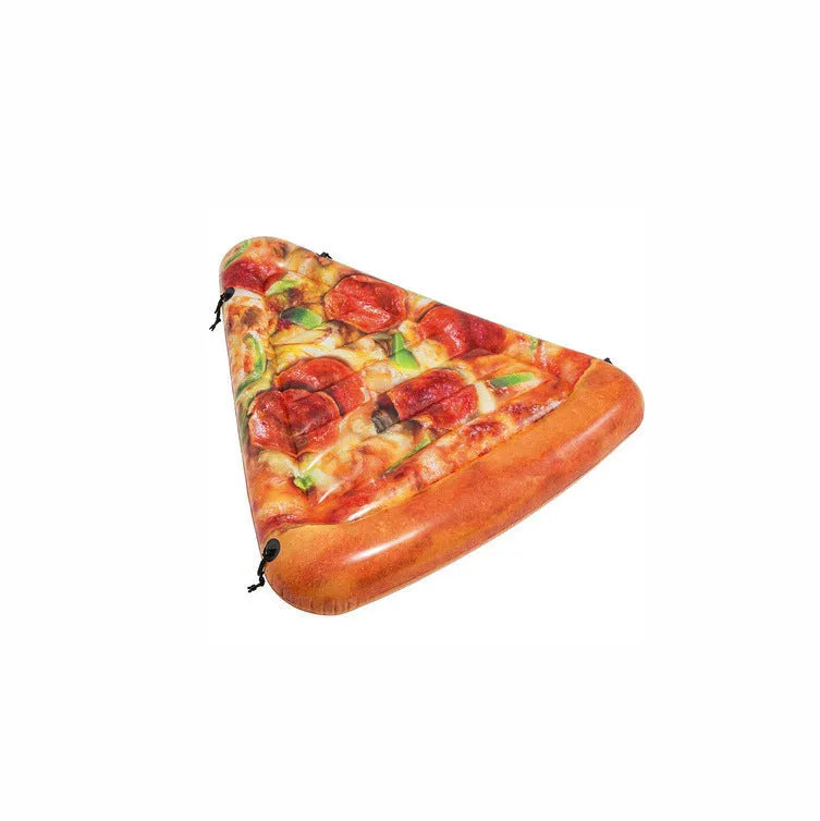 Pizza slice shaped inflatable surfboard recliner floating on water with colourful graphic design