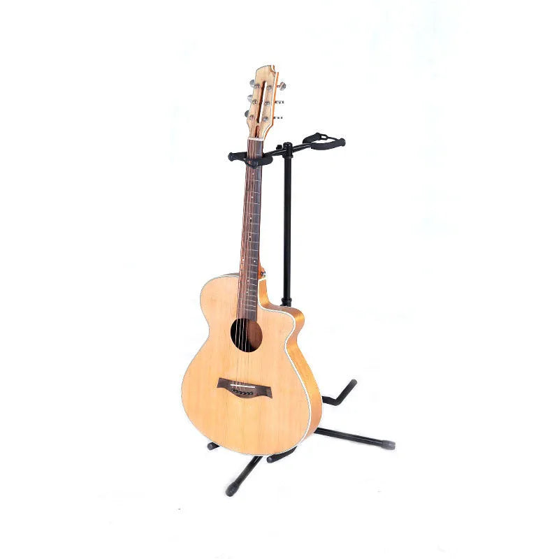 Black vertical adjustable guitar stand showing height mechanism and double-headed design