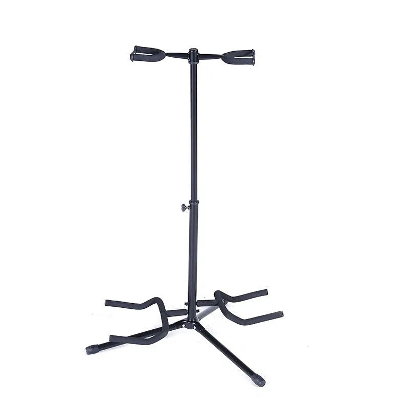 Black vertical adjustable guitar stand showing height mechanism and double-headed design