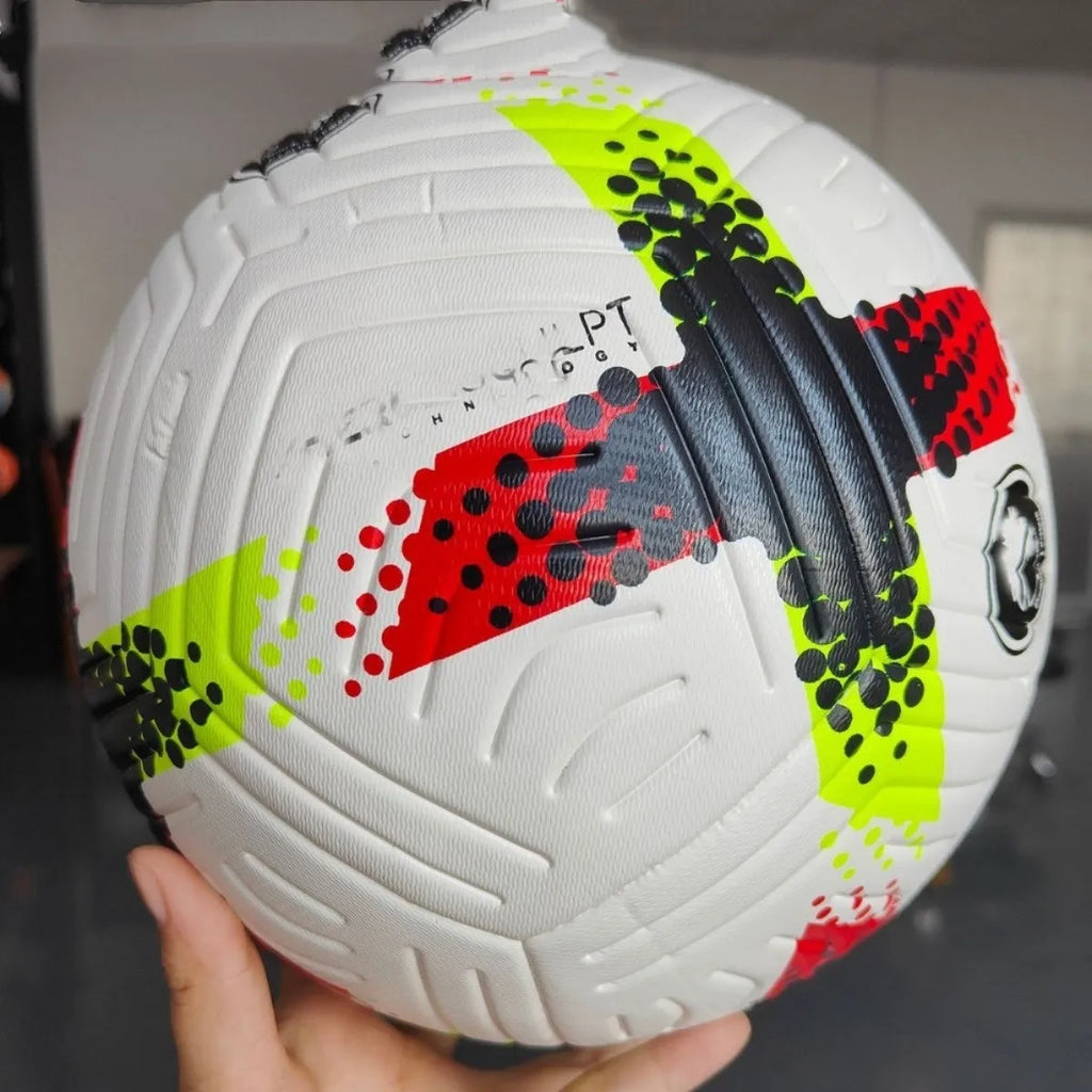 Fluorescent green Size 5 football on a pitch for training and matches.