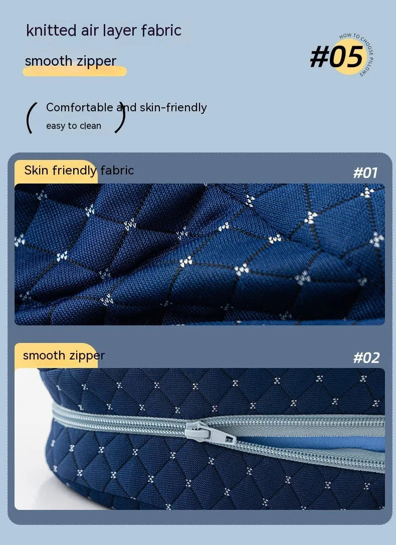 Love heart-shaped dark blue jacquard memory foam leg pillow for adults on a bed.