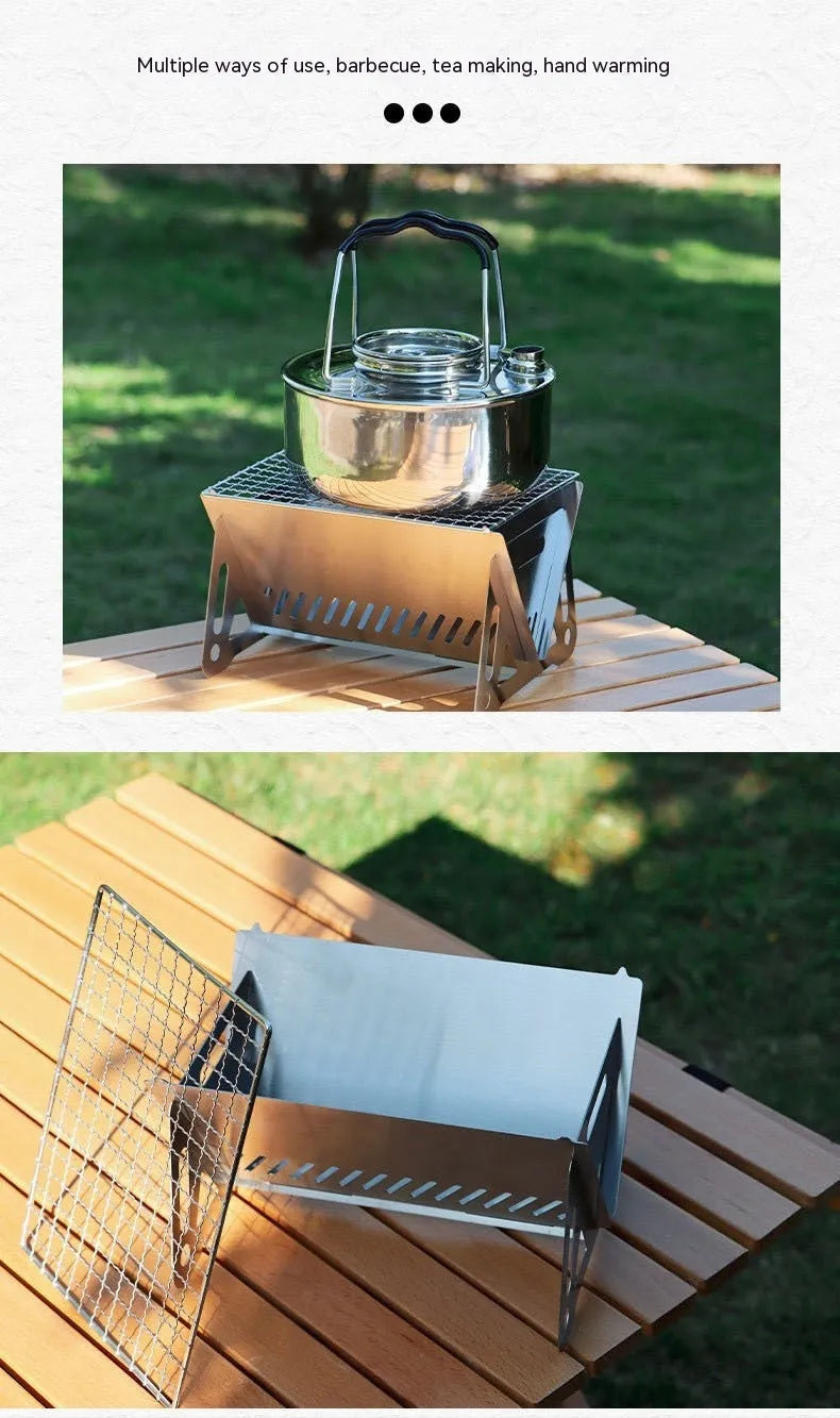 Large stainless steel folding barbecue oven with grill rack and storage bag for outdoor cooking